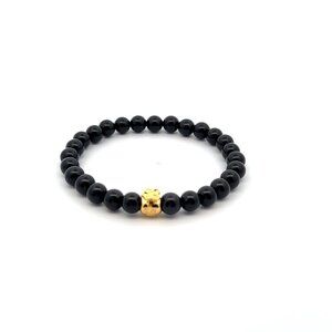 18K Gold Money Bag Onyx Gemstones 6mm Lucky Charm Elastic Bracelet Size 6"